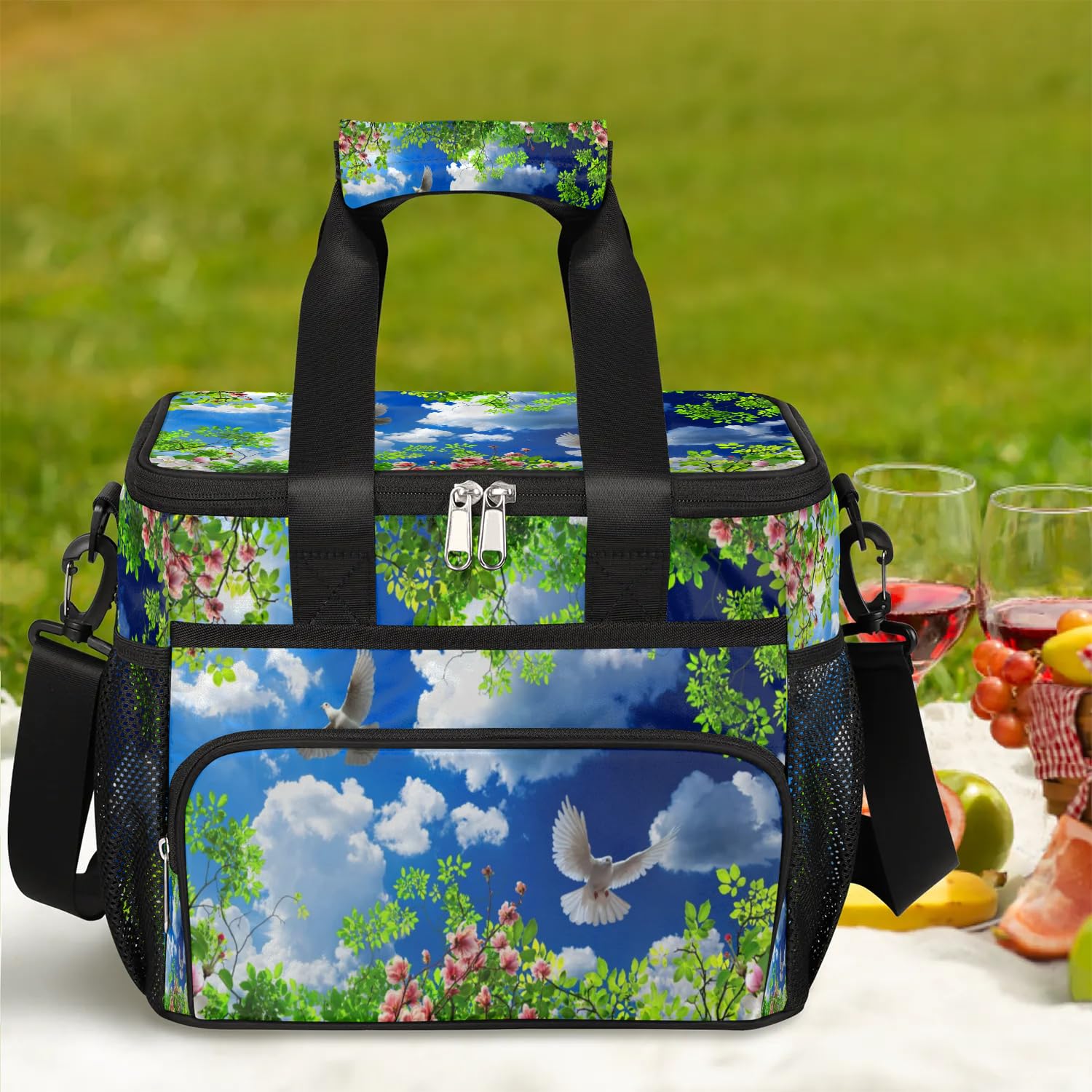 Grand sac à déjeuner isotherme pour adultes, hommes, femmes, enfants, filles, garçons, motif fleurs de cerisier, pigeon, plante printanière, sac isotherme pour le travail, le pique-nique, le barbecue
