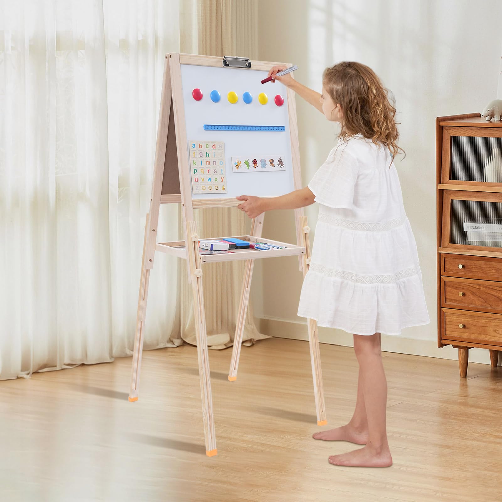 Standtafel Kinder Kindertafel aus Holz Höhenverstellbar Kinder Spiel-Tafel aus Holz Kinder Staffelei Doppelseitige Whiteboard und Kreidetafel