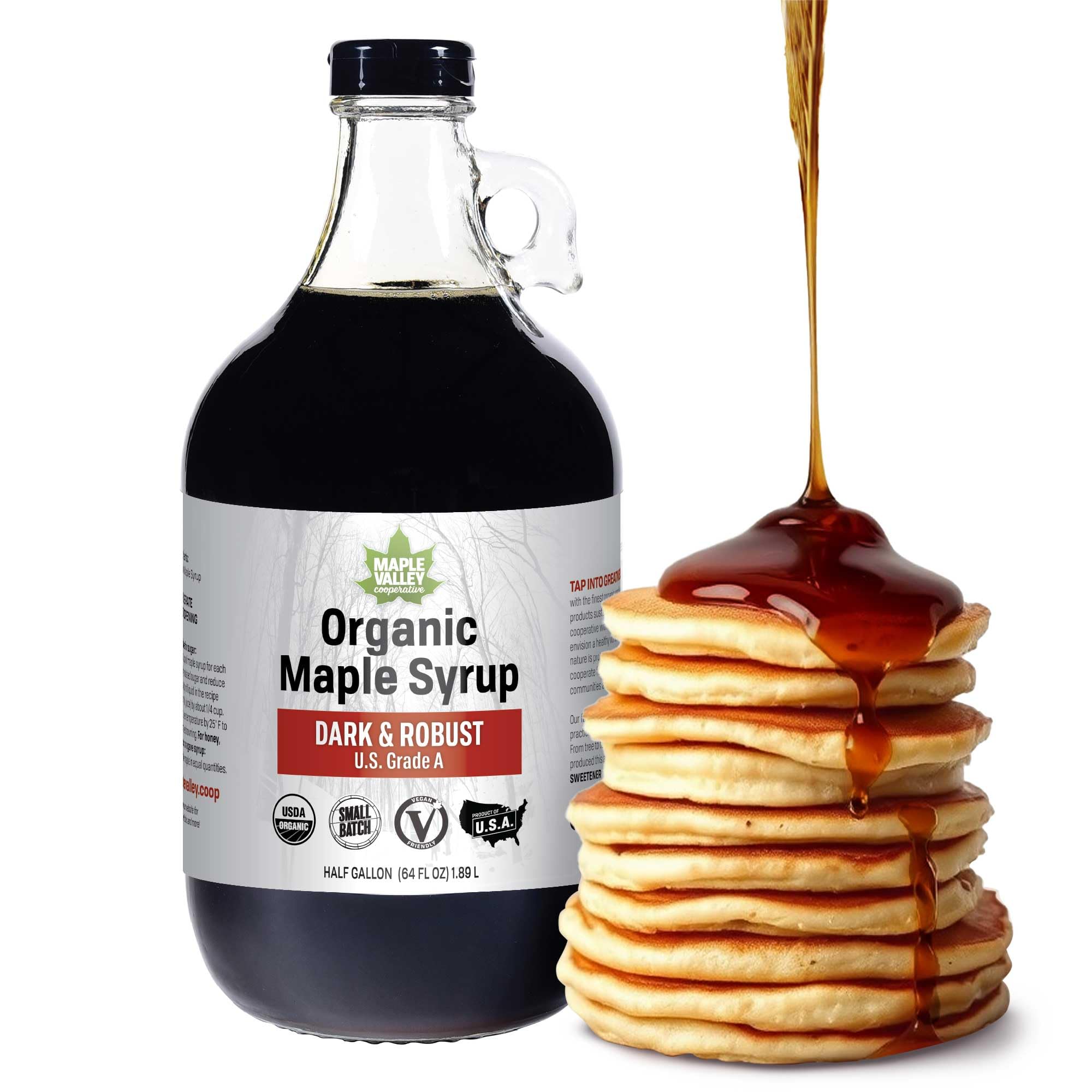 Sponsored Ad - Maple Valley Organic Pure Maple Syrup, Dark & Robust Better Than Pancake Syrup, Use for Coffee or All-Natural Sugar Substitute in Cooking and Baking (64oz Glass Bottle)