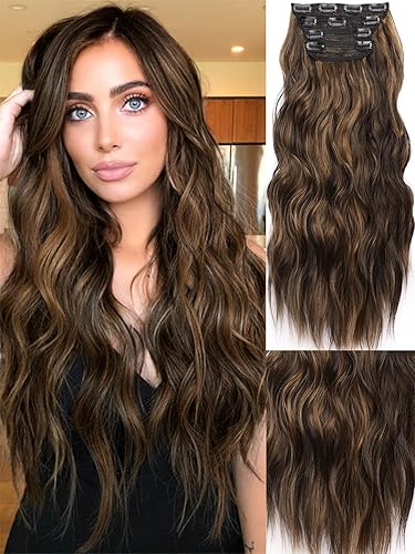 KooKaStyle - Extensión de cabello sintético con pinza, largo y ondulado, con fibra de doble trama, de 20 pulgadas para mujer, 4 piezas, color marrón
