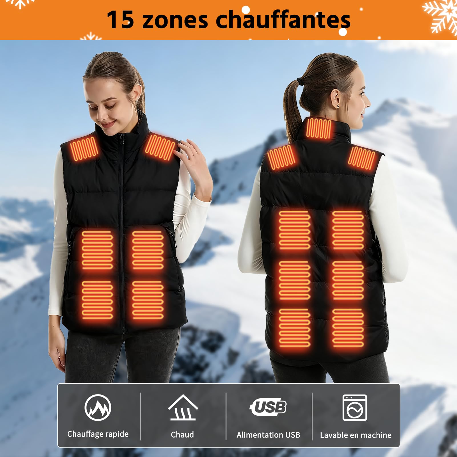 Giacca Riscaldata USB Donna, Giubbotto Riscaldato Elettrici, con 15 Zone di Riscaldamento, Giacca Riscaldabile Invernale per All'aperto, Sci