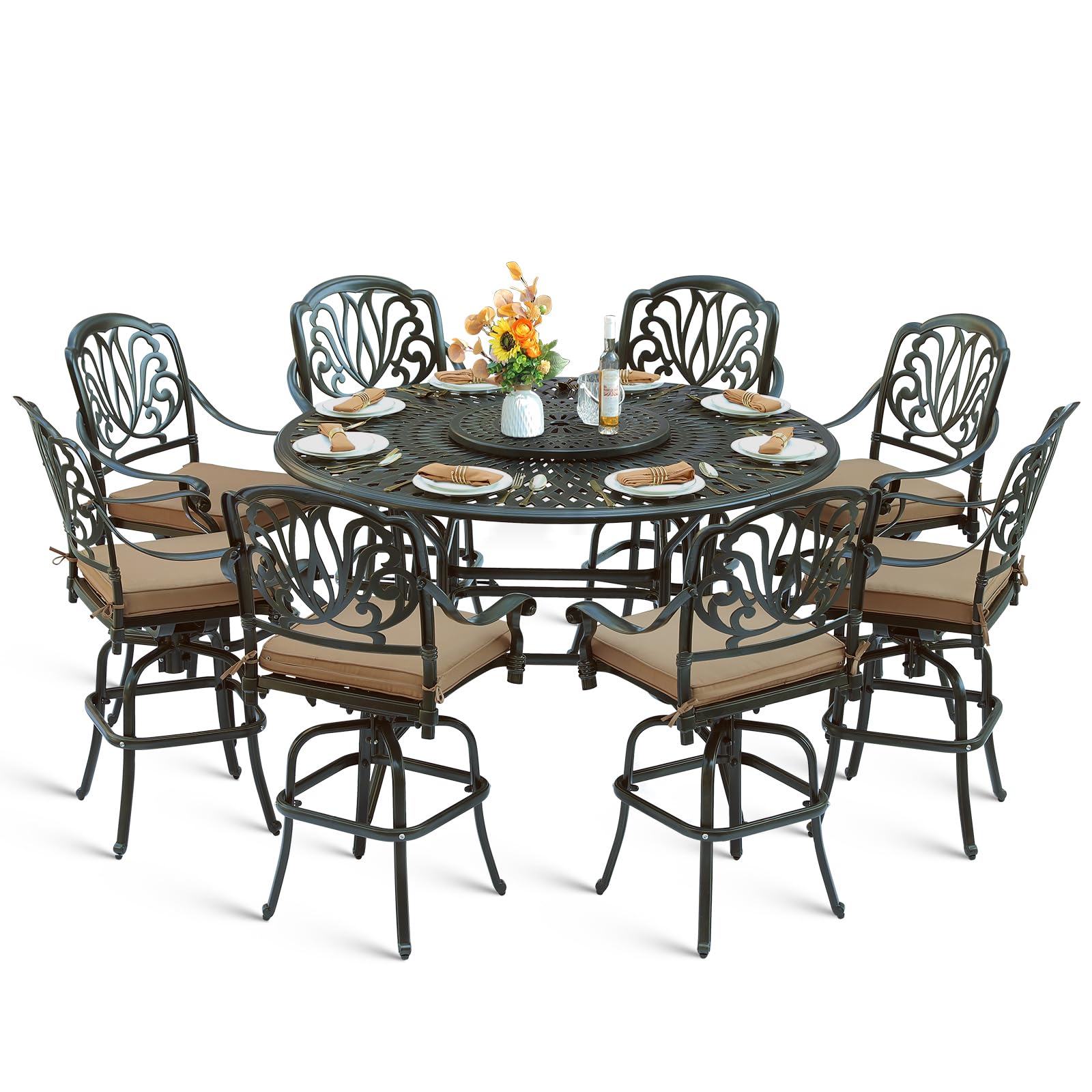 MEETWARM 10-Piece Outdoor Bar Set, All Weather Cast Aluminum Patio Bar Furniture with 8 Cushioned Swivel Bar Stools, Large 61" Round Patio Bar Height Table with Detachable Lazy Susan, Umbrella Hole