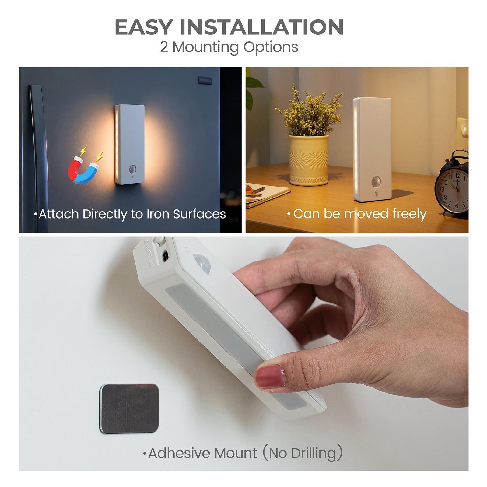 Luce notturna con sensore di movimento retroilluminata a LED, luce notturna ricaricabile, mini luci notturne adesive, luce morbida su due lati, magnetica, regolabile in 3 colori, per camera da letto