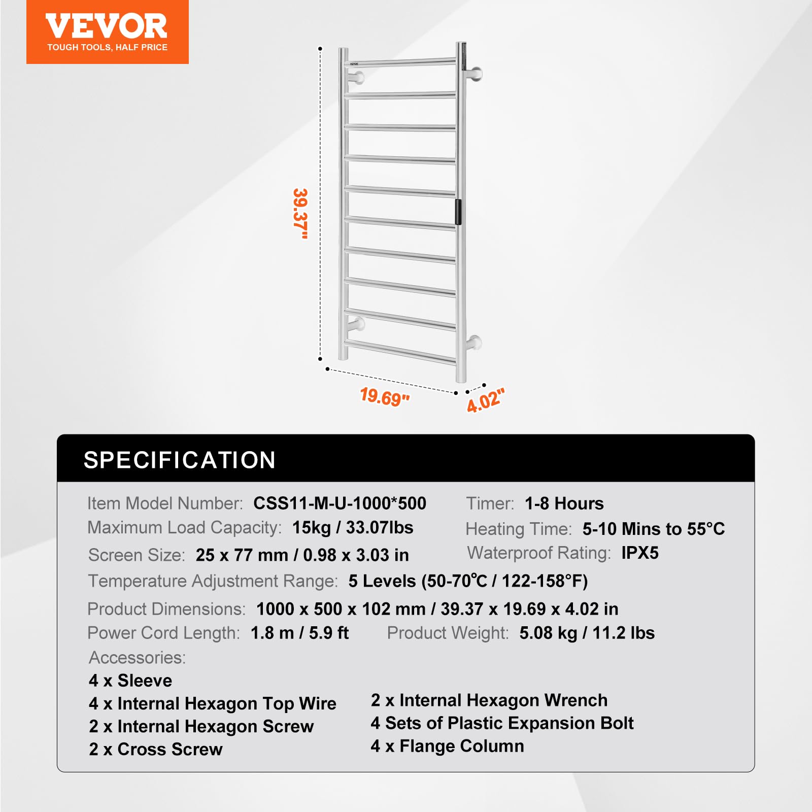 VEVOR Calentador de Toallas con Radiador Toallero con 10 Barras Calentador de Toallas Impermeable con Temporizador y Pantalla LED 5 Niveles de Temperatura Ajustables Montado en la Pared, Plata