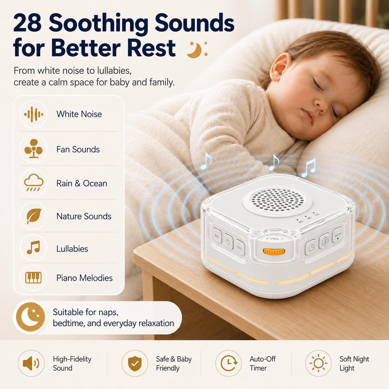 White Noise Sound Machine for Baby, 28 Soothing Sleep Sounds, Auto Cry Detection, Bluetooth Speaker, 3-Level Night Light,Timer,Portable Rechargeable Sleep Soother for Nursery, Home Travel