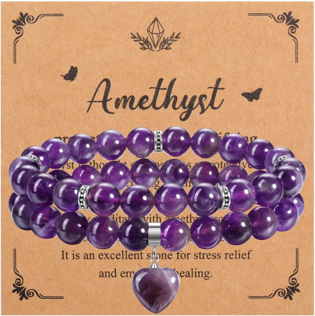 MANIFO 2pcs Heart Crystal Bracelet for Women Crystal Bracelet Set Natural Gemstone Beads Bracelets Jewellery Gifts for Birthday Valentines Christmas