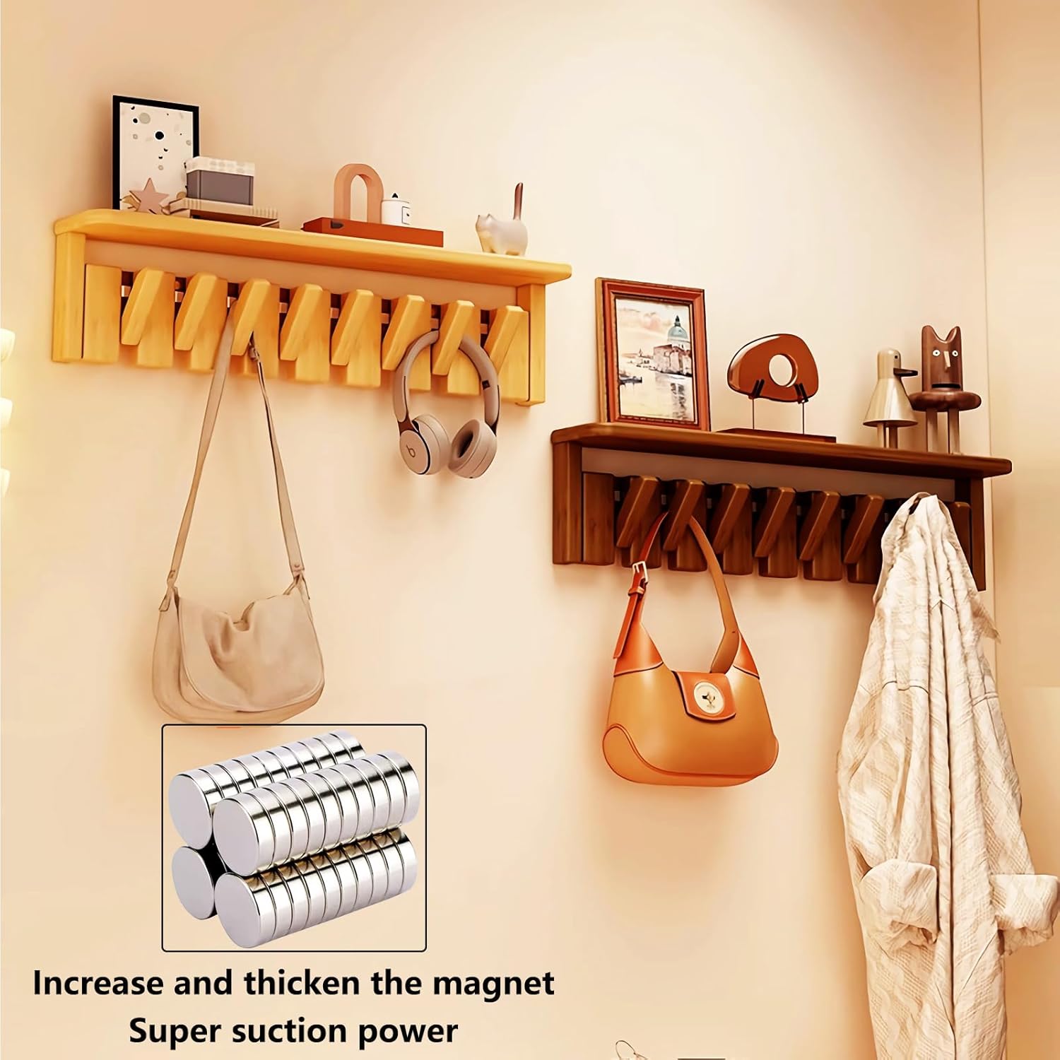 Wall Mounted Coat RackHooks Piano Key Hangers Natural Solid Wood Hanger Non-Woven Fabric Clothes Hangers for Closet, Kitchen, Bedroom, Bathroom, Entryway (Tray Walnut-Beech, 12 Hooks)
