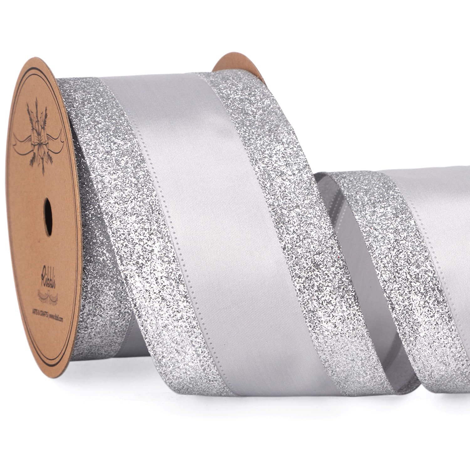 Ribbli Silver Wired Ribbon Satin with Silver Glitter Edge 2.5 Inch Christmas Ribbon for Tree Gift Wrapping Wreaths Garland Topper Bows Crafts Home