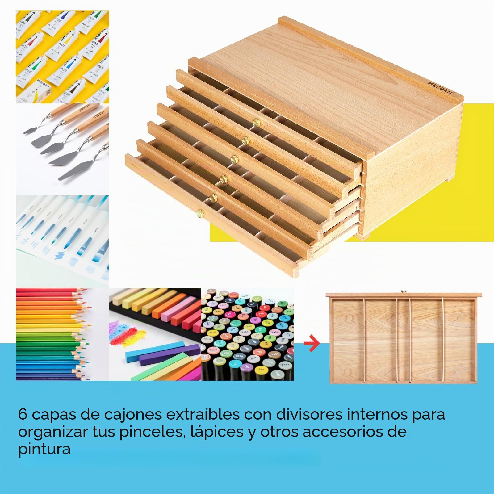 Caja de almacenamiento de 6 cajones para artistas, portátil, plegable, multifunción, de madera de haya, con compartimentos y cajón, para pasteles, lápices, bolígrafos, pinceles, sellos