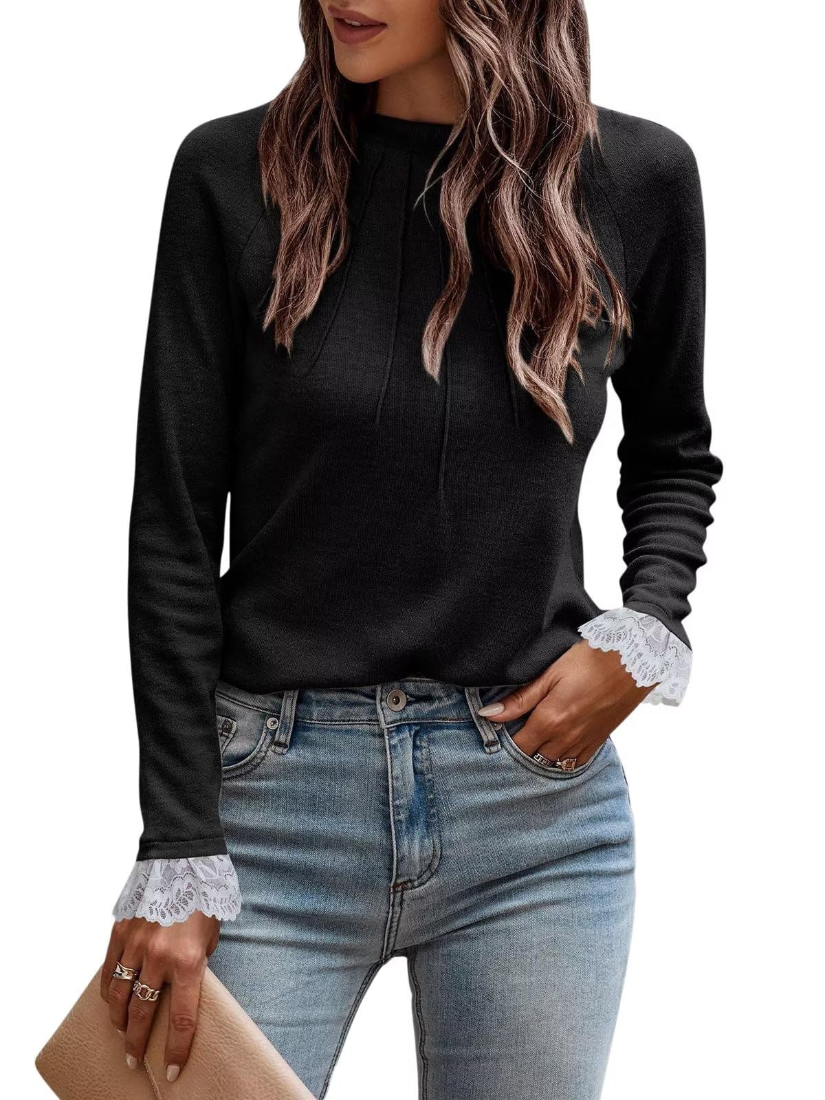 Photo 1 of size xl Syellowafter Womens Crewneck Lace Patchwork Long Sleeves Shirts Fall Fashion Blouses Sexy Casual Tunic Lady Tops X-Large 1 Black