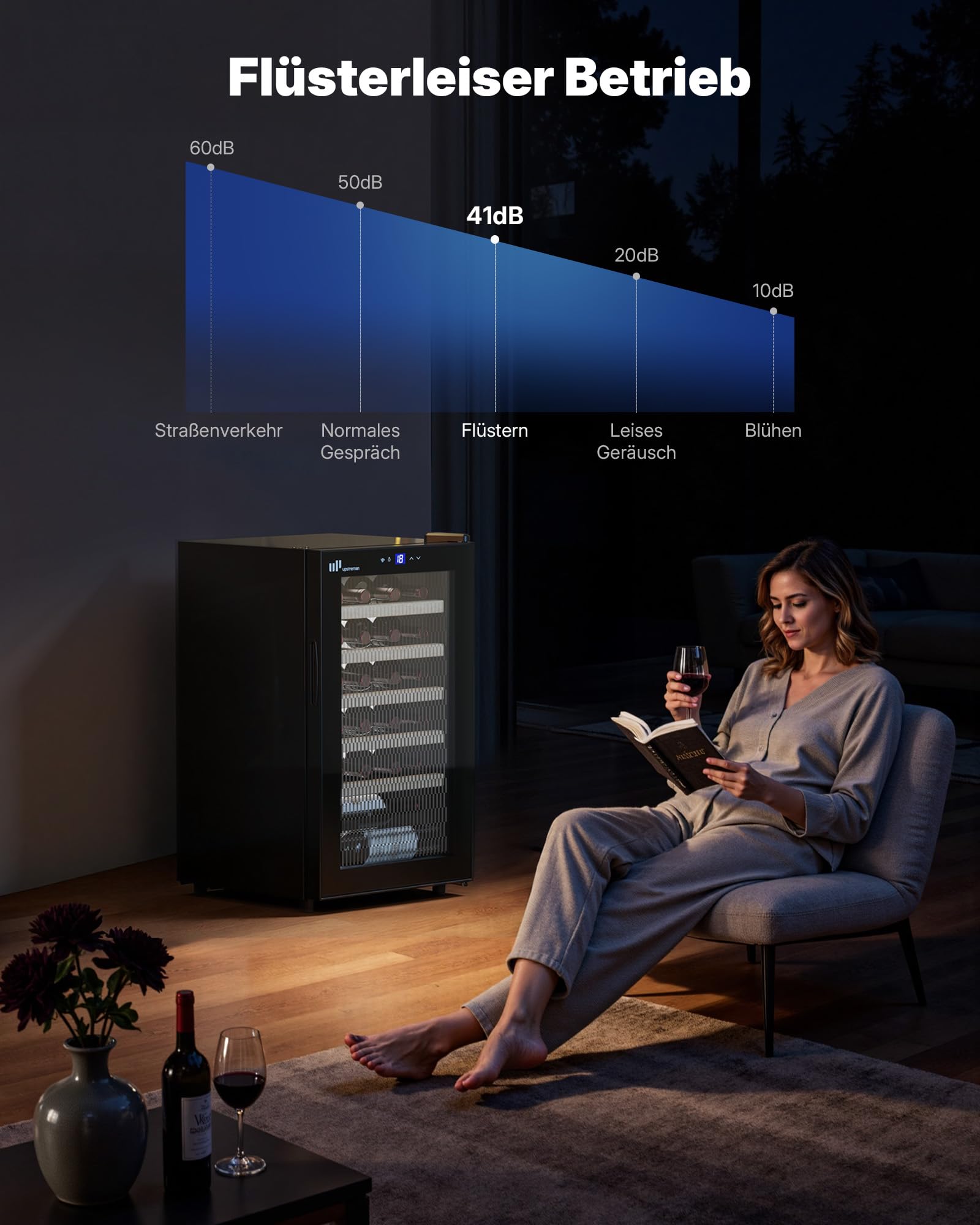 Upstreman Weinkühlschrank 24 Flaschen 5°C-20°C einstellbar Einbau Unterbau Doppelverglasung Touch-Display LED-Beleuchtung W24-Schwarz