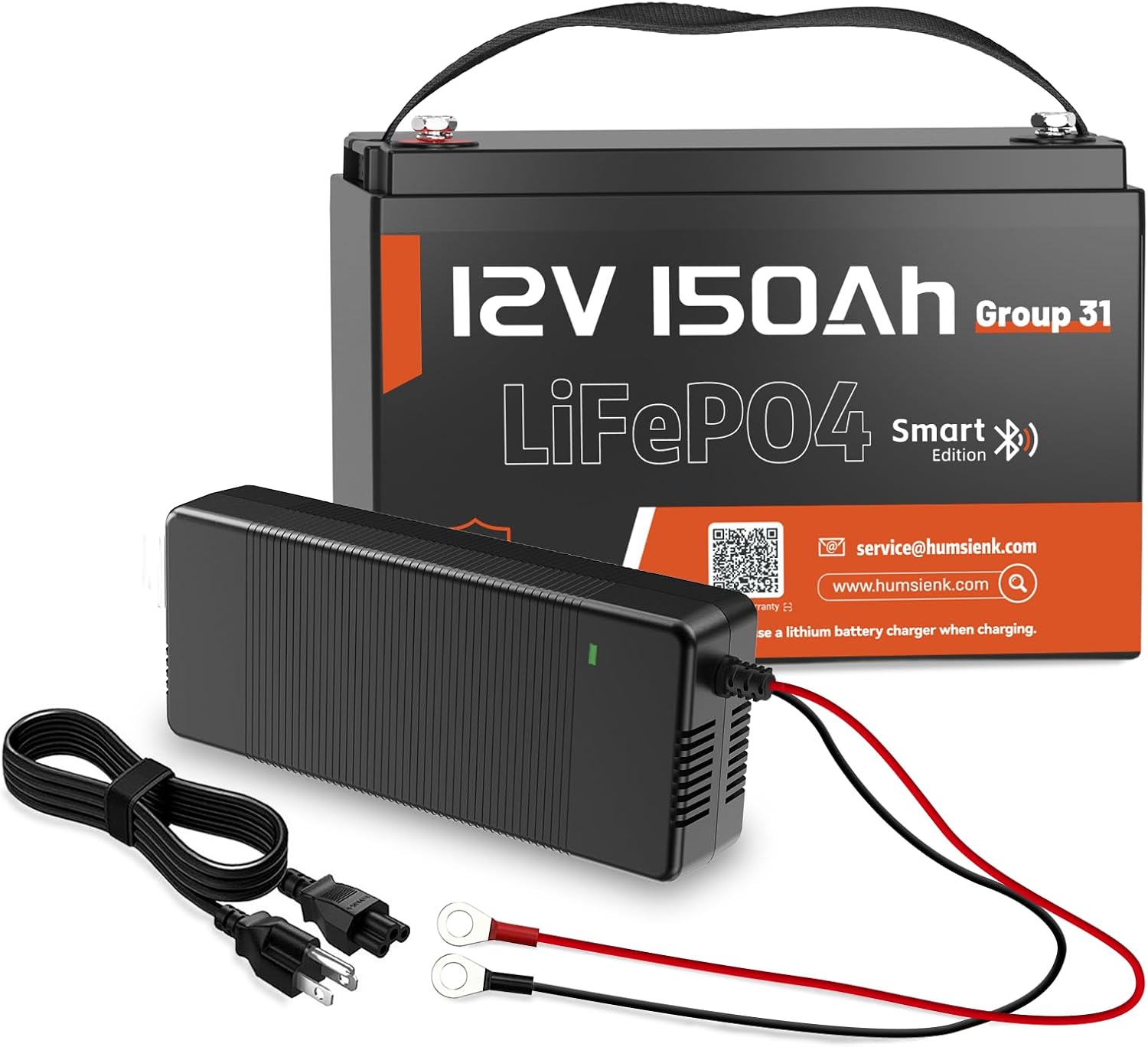 HumsiENK 12V 150Ah LiFePO4 Lithium Battery BCI Group 31 Bluetooth - Built-in 110A BMS, 15000+ Deep Cycle Battery for Solar, RV, Marine, Off-Grid Applications - Incl.14.6V 20A Charger