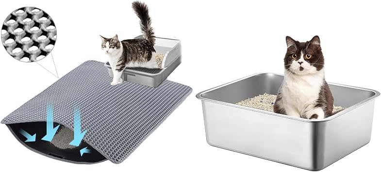 Cat Litter Box and Mat Bundle, 17.7"x13.8"x6" Stainless Steel High Sided Litter Box, 24"x18" Gray Double Layer Honeycomb Waterproof Mat, Mess Free Cat Supplies Set