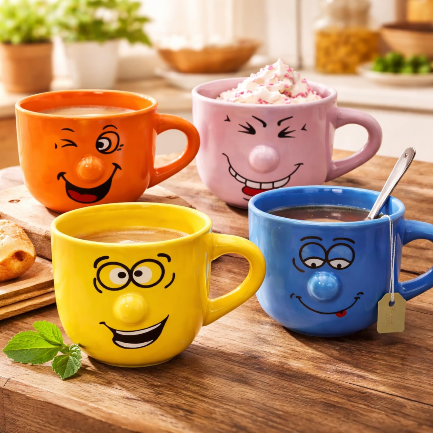 Paluplus Set 4 Tazze da Colazione in Porcellana Multicolor con Faccine Divertenti, Capacità 450 ml, Tazze Mug con manico, Lavabili in Lavastoviglie, adatte per Microonde, per Thè, Tisane e Latte -218F