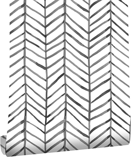 JOLIHOME Geometric Look Self Adhesive Wallpaper Black and White Contact Paper Herringbone Stripes Vinyl Film Wall Stickers for Living Room Bedroom Kitchen Office Bathroom Decor 44.5x500cm