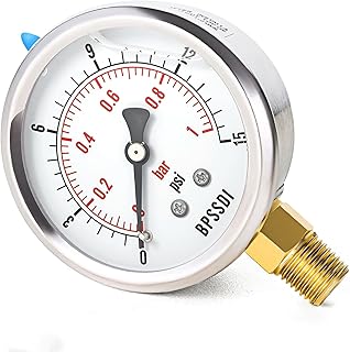 0-15 Psi Glycerin Liquid Filled Low Pressure Gauge, 2.5" Dial Size, 1/4" NPT Lower Mount, 304 Stainless Steel Case, for Water Pipe, HVAC, Water Oil Air Pressure Test
