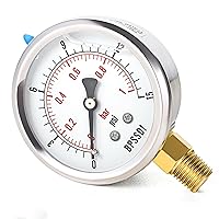 Vista 1 de 0-15 Psi Manómetro de baja presión lleno de líquido de glicerina, esfera de 2.5", montaje inferior de 1/4" NPT, carcasa de acero inoxidable 304