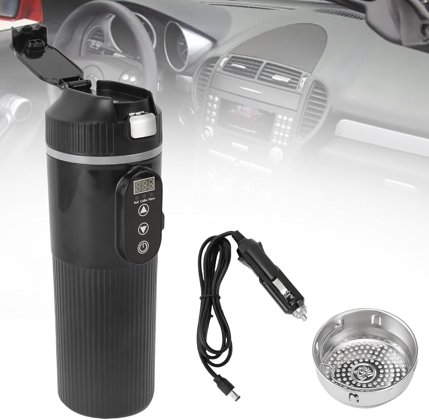 Car Electric Kettle, 500ML LED Temperature Display Car Water Boiler Truck Heating Cup Travel Mug For Milk Tea Coffee