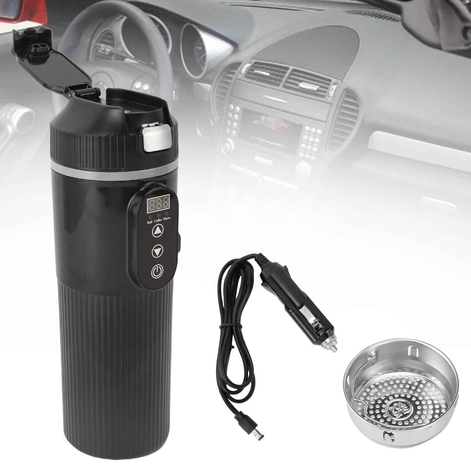 banapoy Copa de Calefacción de Automóvil Portátil, Caldera de Agua de Hervidor de Automóvil 12V 24V, 500Ml Hervda de Viaje Eléctrico con Filtro de té, Taza de Camión para Leche café