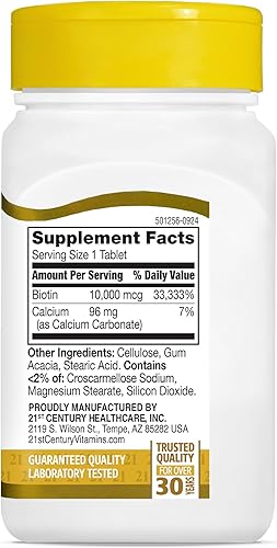 Miniatura 9 de 21st Century Biotina - Tabletas de 10,000 mcg (360 unidades), suplemento de biotina de alta potencia, apoya la salud del cabello, la piel y las