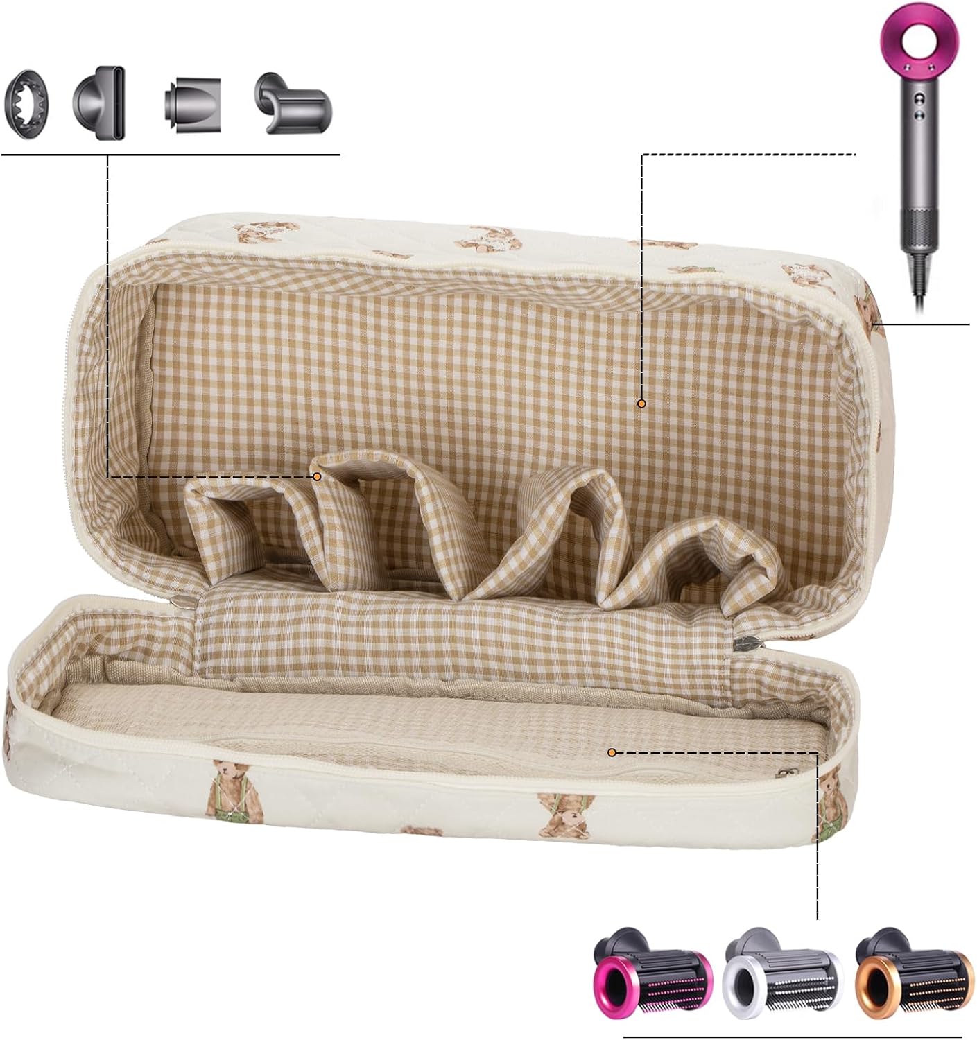 Padded Travel Case Compatible with Dyson Airwrap Complete Styler and Attachments, Quilted Cotton Portable Storage Bag for Hair Dryer Shark Flexstyle Dyson Airwrap Brush Hair Accessories(Bear)