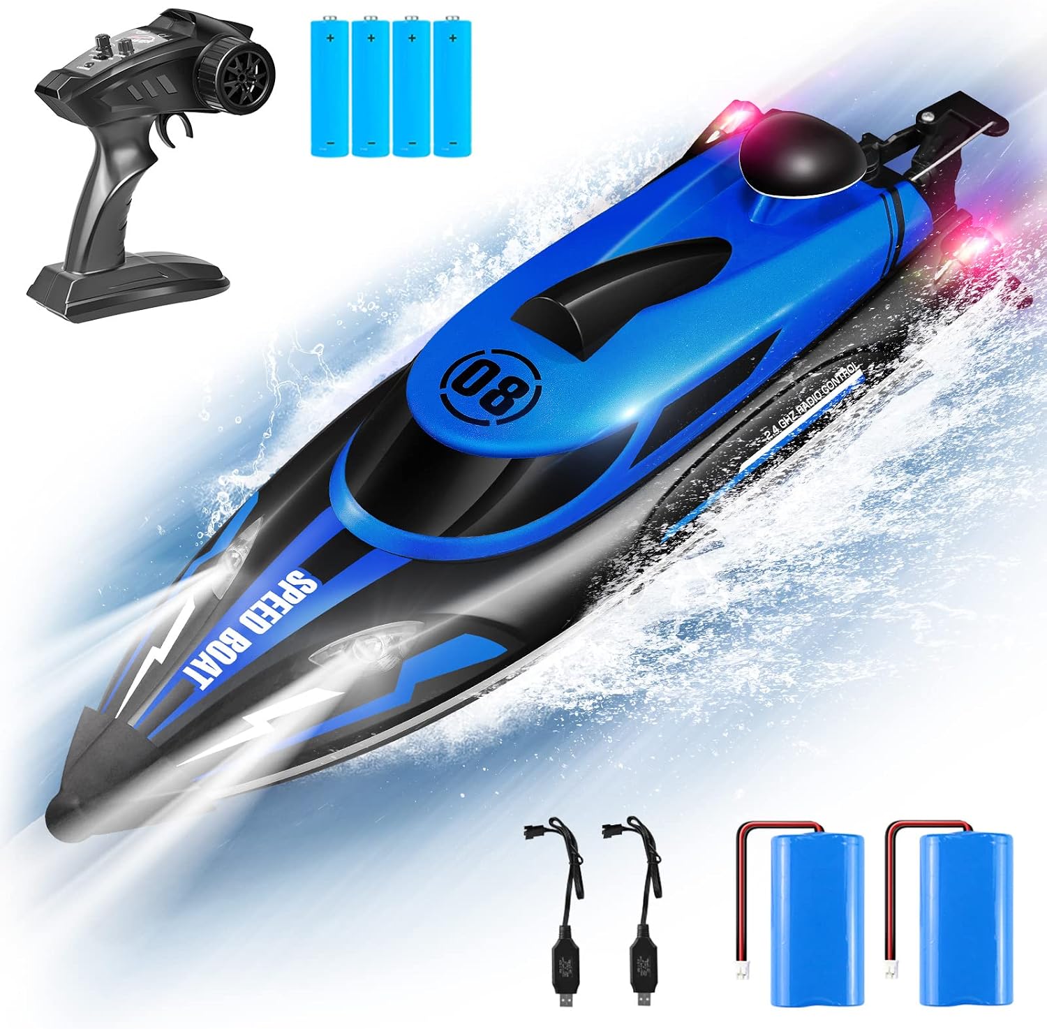 RC Boat Remote Control Boat for Adult and Kid 2.4GHz Remote Control Fast Racing Boat for Pool and Lake with 25KM/H Speed, 2 Rechargeable and 4AA Batteries are Included, Gifts for Boys Girls (Blue)