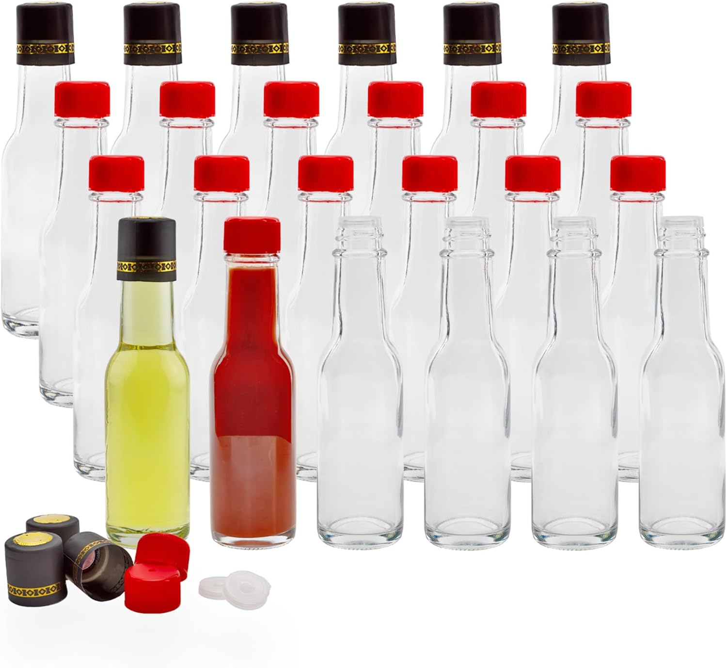 Cornucopia Brands 3oz Mini Hot Sauce Bottles (Pack of 24) Little Sauce Bottles w/Red Caps, Dripper Inserts, and Black Shrink Bands