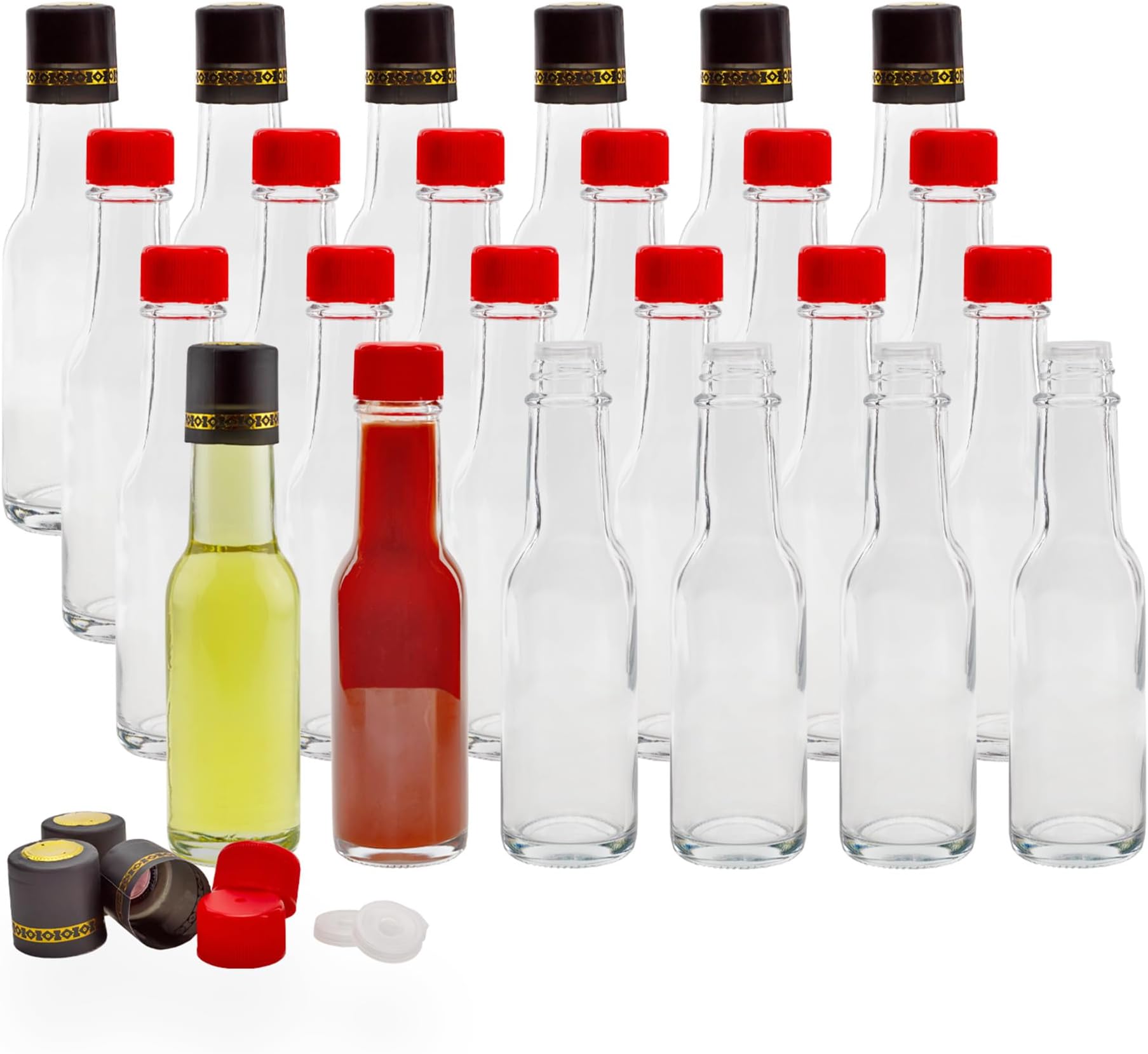 3oz Mini Hot Sauce Bottles (Pack of 24) Little Sauce Bottles w/Red Caps, Dripper Inserts, and Black Shrink Bands