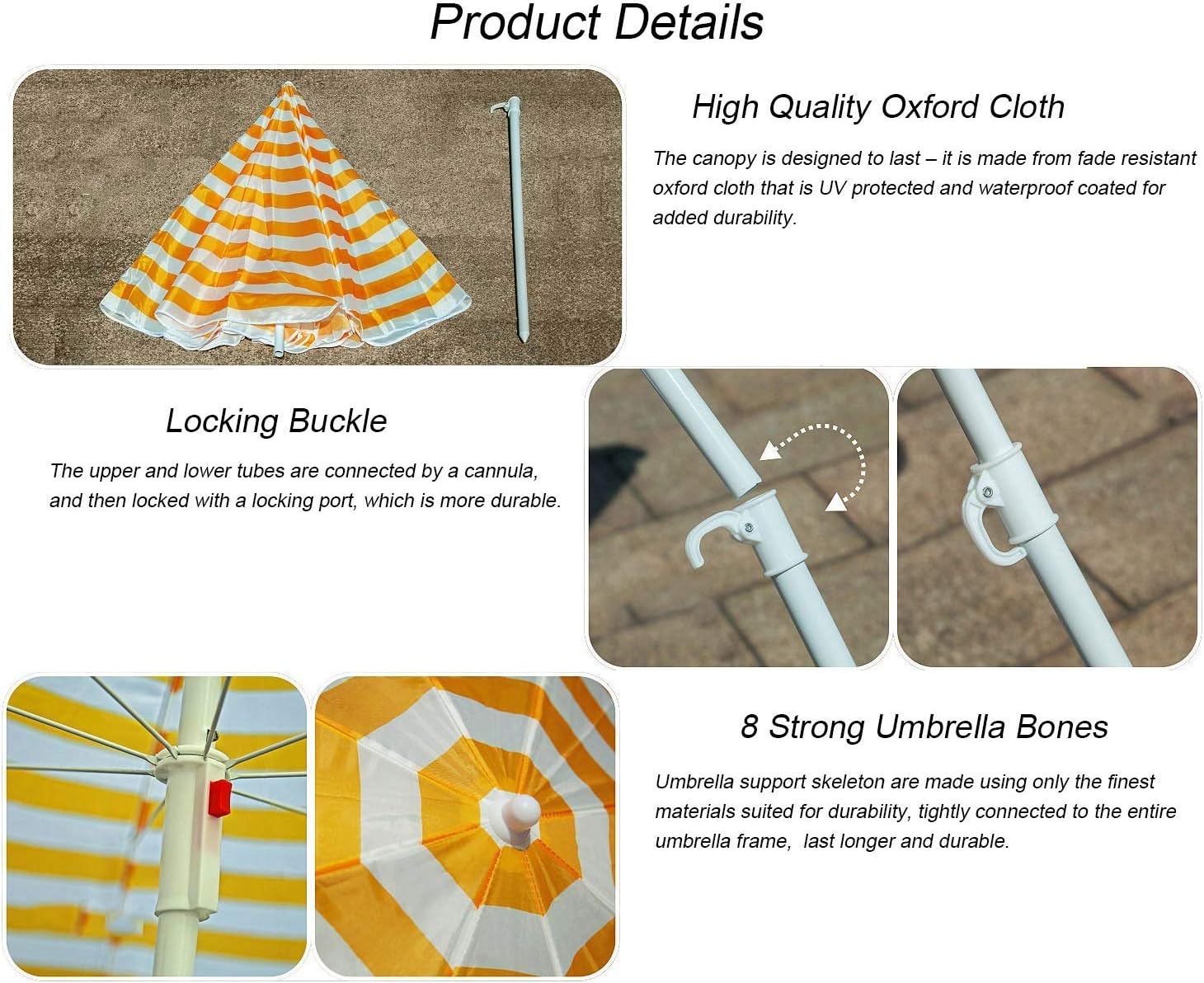Parasol Umbrella Beach Patio Umbrella, 6.6 Feet Waterproof Outdoor Umbrella with 8 Steel Wire Ribs, Red White Striped Pattern, for Fishing Camping