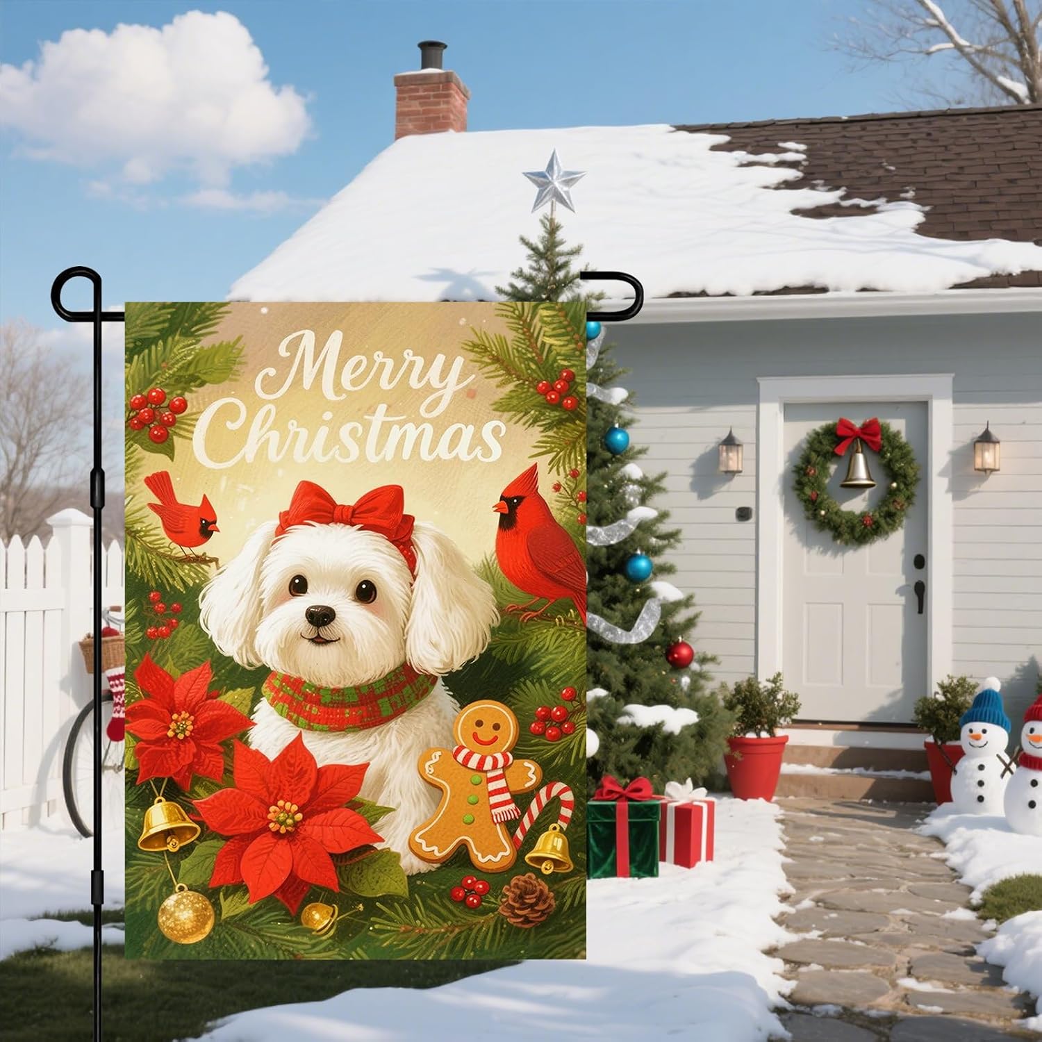 IVN Christmas Garden Flag 12x18 Inch Double Sided Bichon Frise Dog with Poinsettia Flowers Red Birds and Gingerbread Man Christmas Outdoor Yard Flag for Outside Home Front Door Lawn Porch Patio Welcome Decor - Image 6