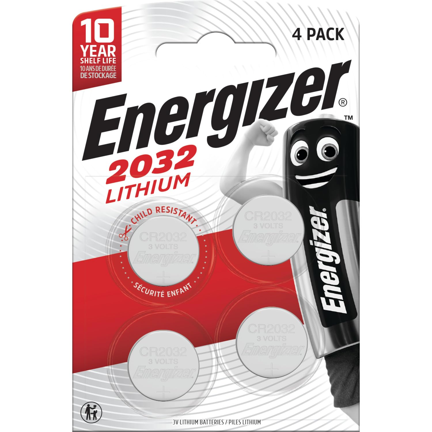 Energizer CR2032 Batteries (4 Pack) - Lithium 3V Coin Battery - AirTags, Car Key Fobs, Watches, Home/Medical/Fitness Devices - 10 Year Shelf Life - Child Resistant Packaging