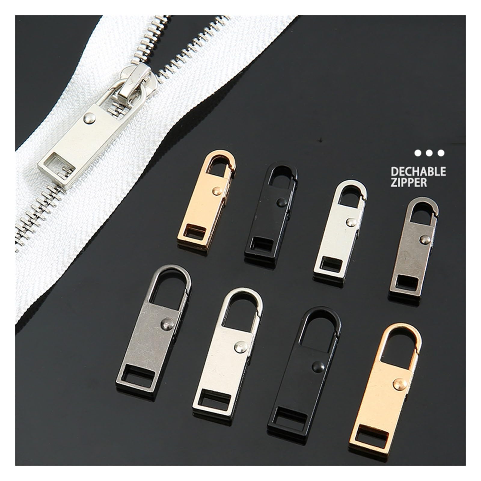 Tiradores de cremallera, Kit de reparación de tiradores de cremallera de metal, 2, 5 y 10 piezas, con deslizador de cremallera desmontable(Black,5PCS-MEDIUM)