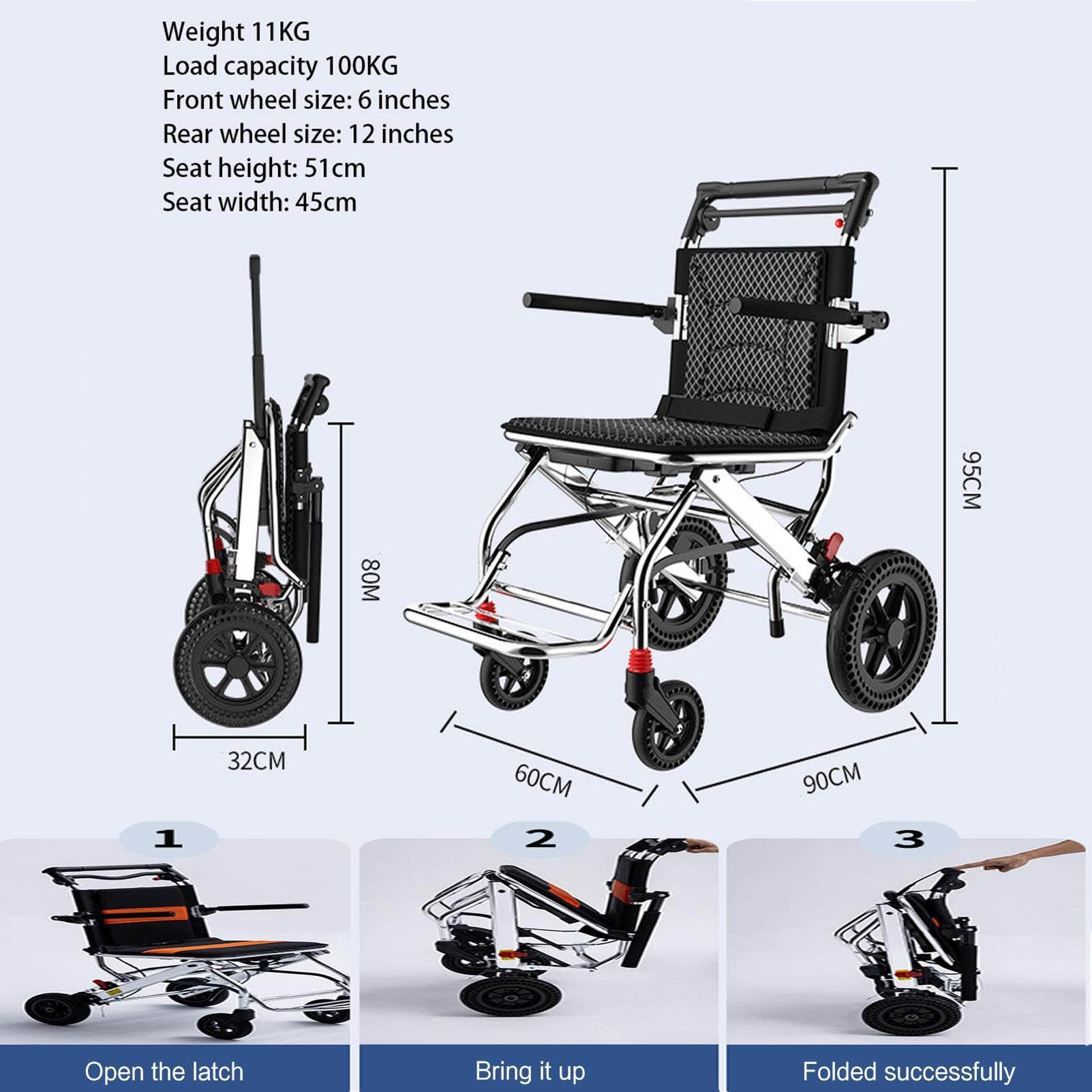 Silla de ruedas de cuidado ligero plegable, silla de ruedas portátil para adultos y ancianos, silla de ruedas de doble freno de aleación de aluminio, asiento de 45 cm, carga de 100 kg,Black