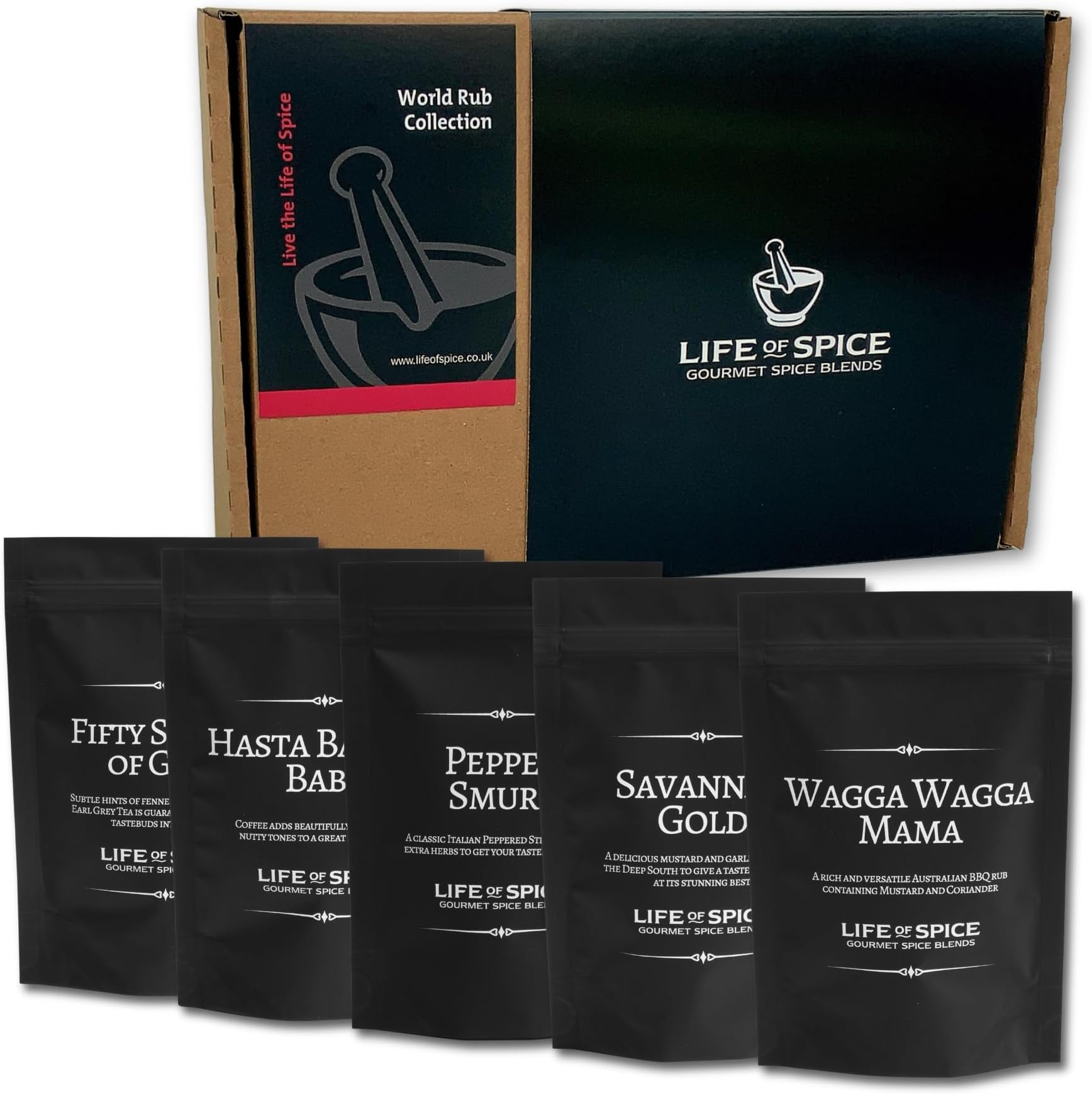 World Rub Collection | All Purpose Seasoning & BBQ Rubs | 256g | 5 Unique Spice Rubs with Recipe Cards | Great spices for Peppered Steaks, Pork Chops, Houmous, Aussie BBQ | Great Gift