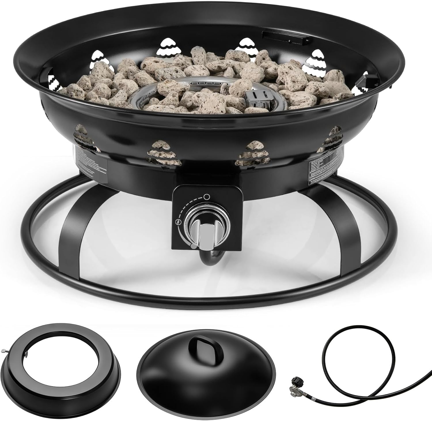 Tangkula Propane Fire Pit components including the fire bowl, cover, tank base holder, and gas hose.