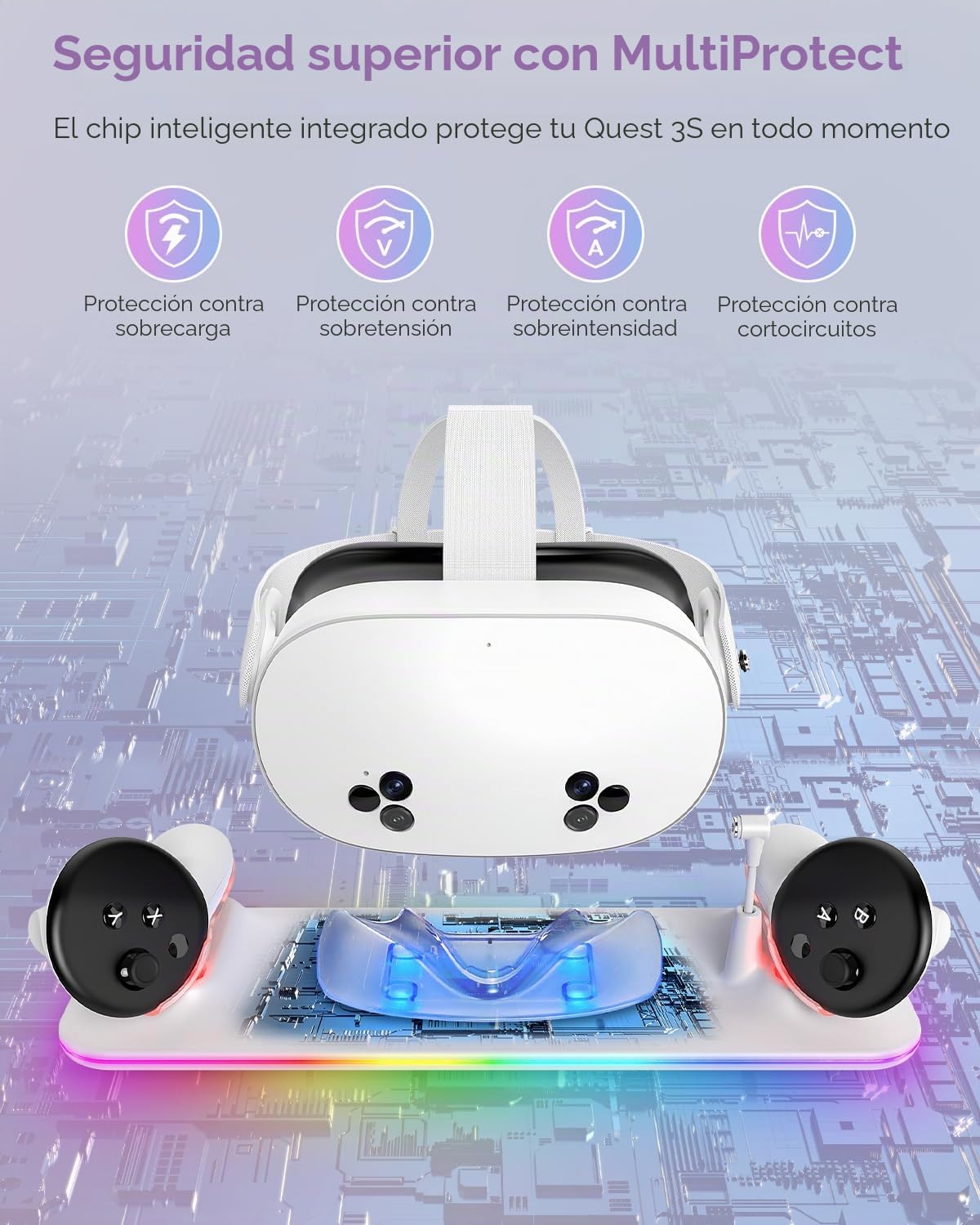 Base de carga para Meta Quest 3S/3, estación de carga magnética Kinwin para Oculus Quest 3S/3, accesorios con luz RGB, soporte de carga para auriculares VR y controlador con 2 baterías recargables