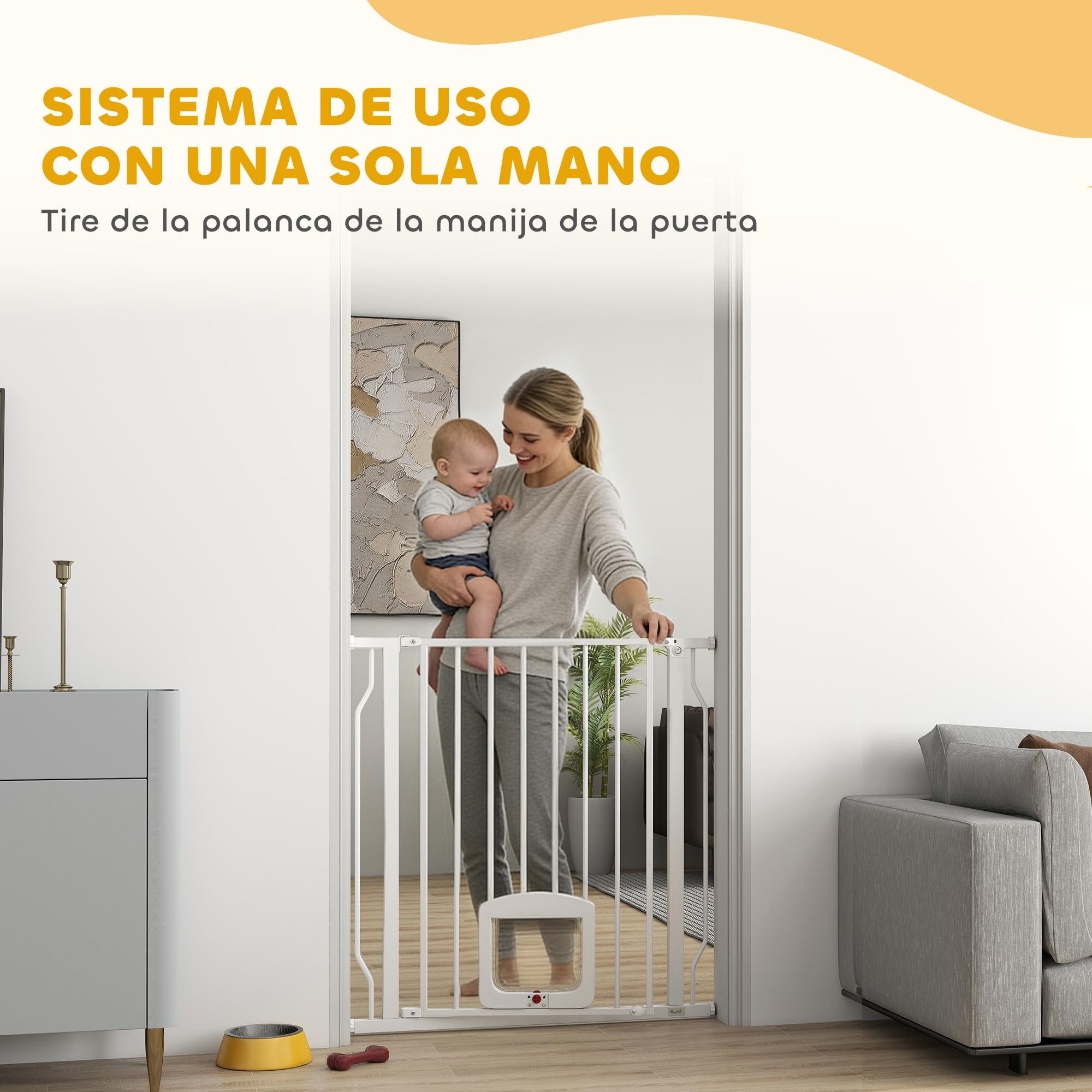 PawHut Barrera de Seguridad para Perros Extensible Puertas 75-85 cm Blanco | Para Escaleras, Barrera para Perros con Puerta Pequeña, Montaje a Presión, Doble Bloqueo