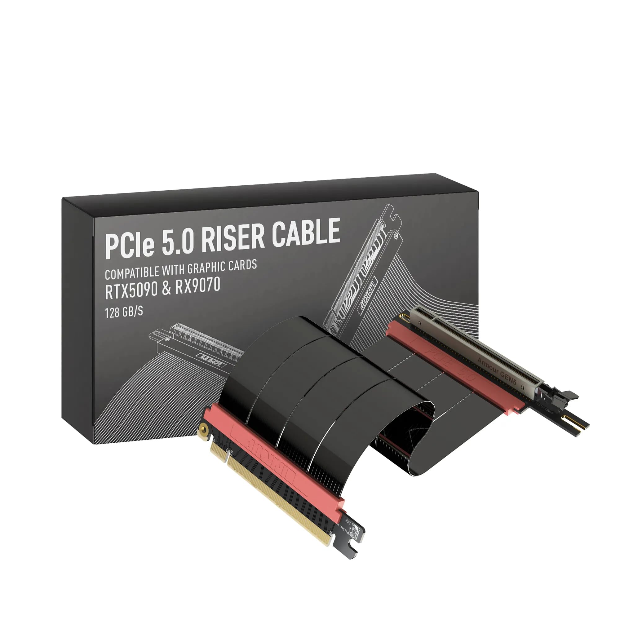 LINKUP - AVA5アーマーPCIE 5.0 ライザーケーブル | RTX5090 RX9070 GPUに対応 | x16 128GB/s速度 | PCIe 4.0 & WRX80/WRX90Eと互換性あり | 左角 ブラック 20cm（全長 24cm）