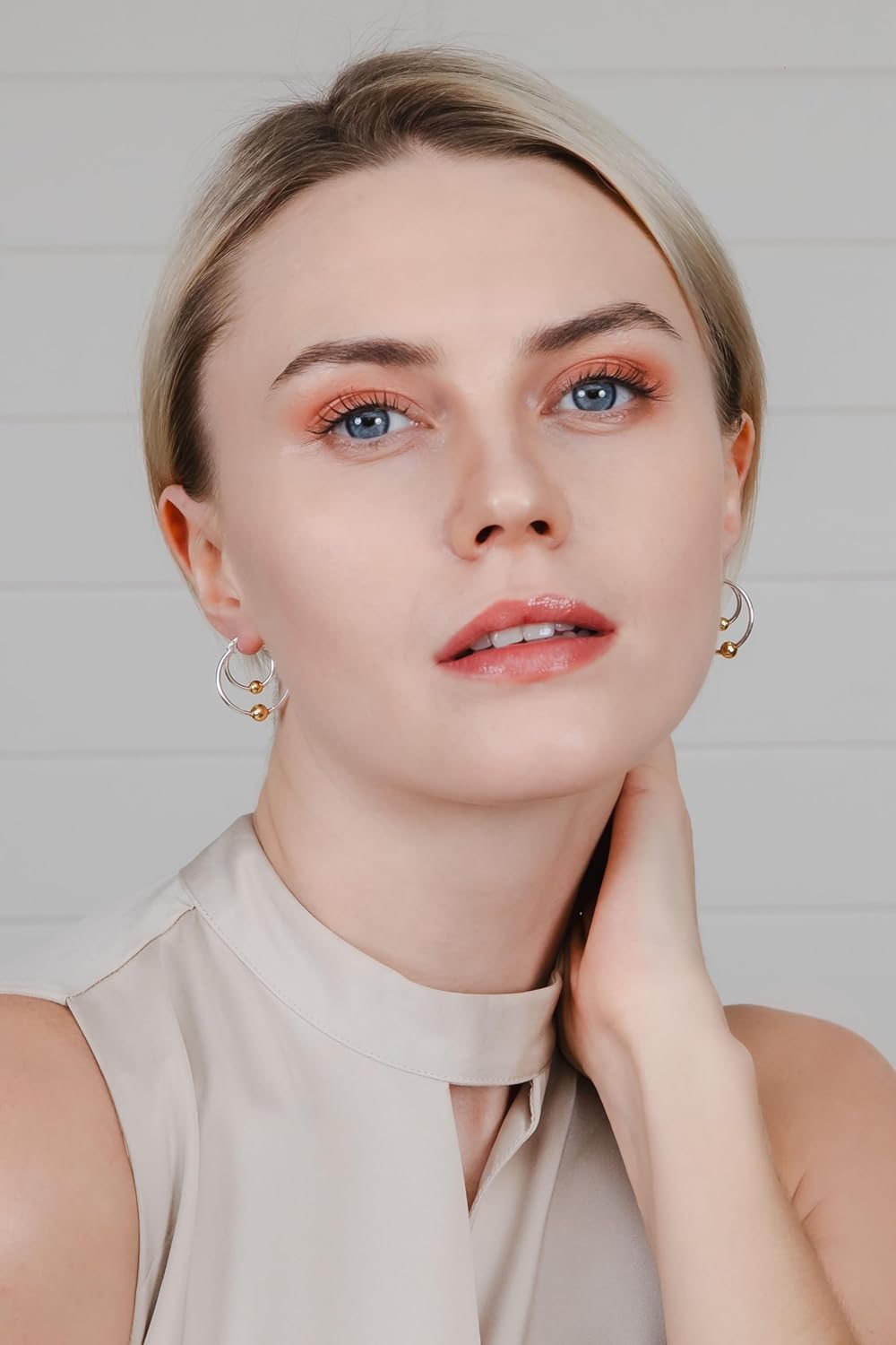 Hoops & Loops 925 Sterling Silver Double Loop Beaded Hoop Earrings for Women, 14k Gold/Rose Gold, Black Flash Plate 25mm High Polished Hypoallergenic Two Bead Design Earrings - Image 2