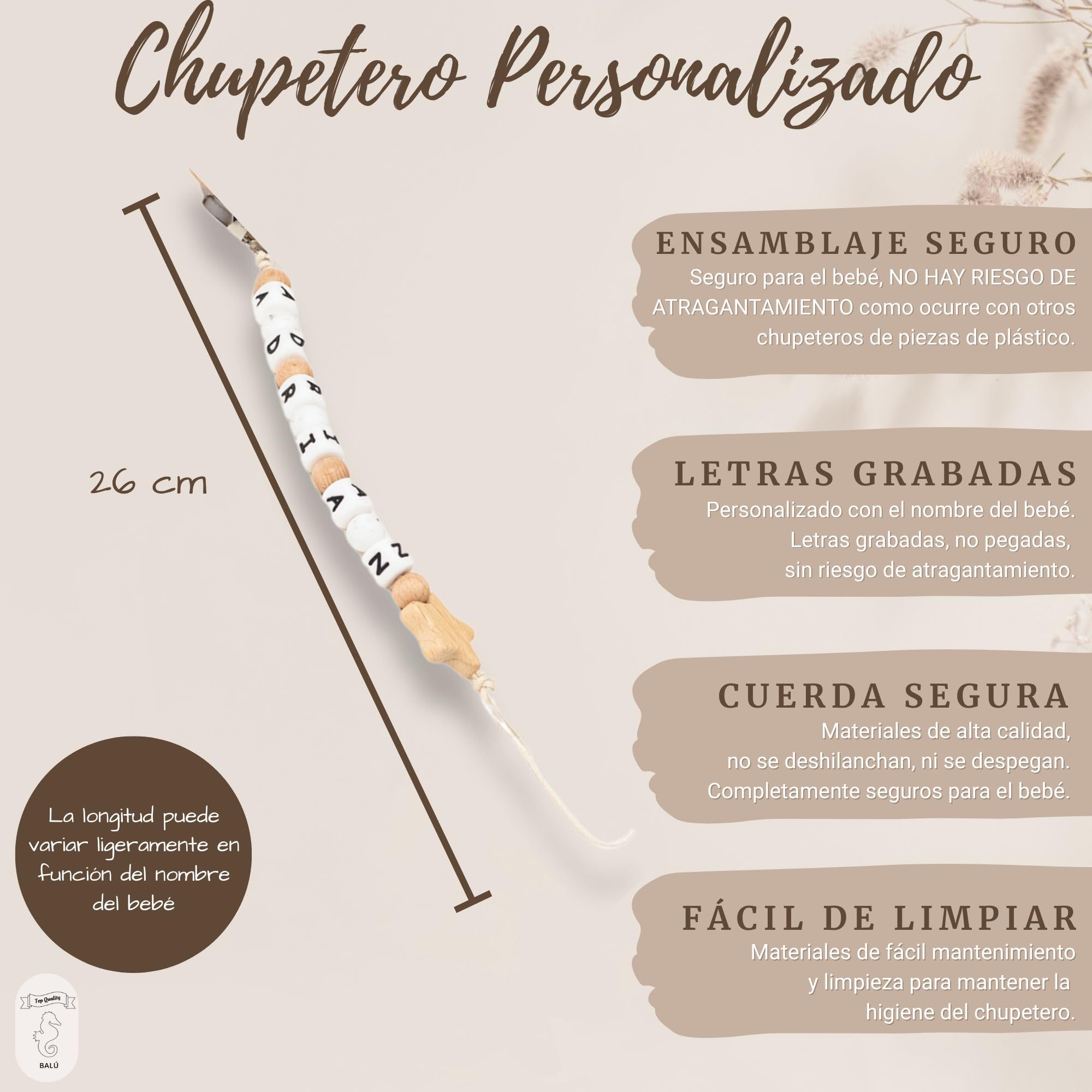 Doudou Bebé Personalizado con Nombre Bordado + Chupetero Madera | Algodón Orgánico 26x26 cm | Apto para Recién Nacidos, Hipoalergénico y Lavable | Regalo Bebé Personalizado Ideal (LEÓN)