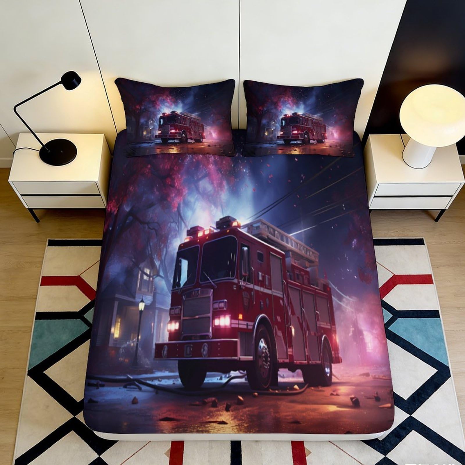 3D Printed Fire Truck Fitted Sheet Microfiber Durable Soft 3D Printed Fire Engine Mattress Cover for Bedroom Dormitory Guest Room Mattress Protection 120x200x25cm