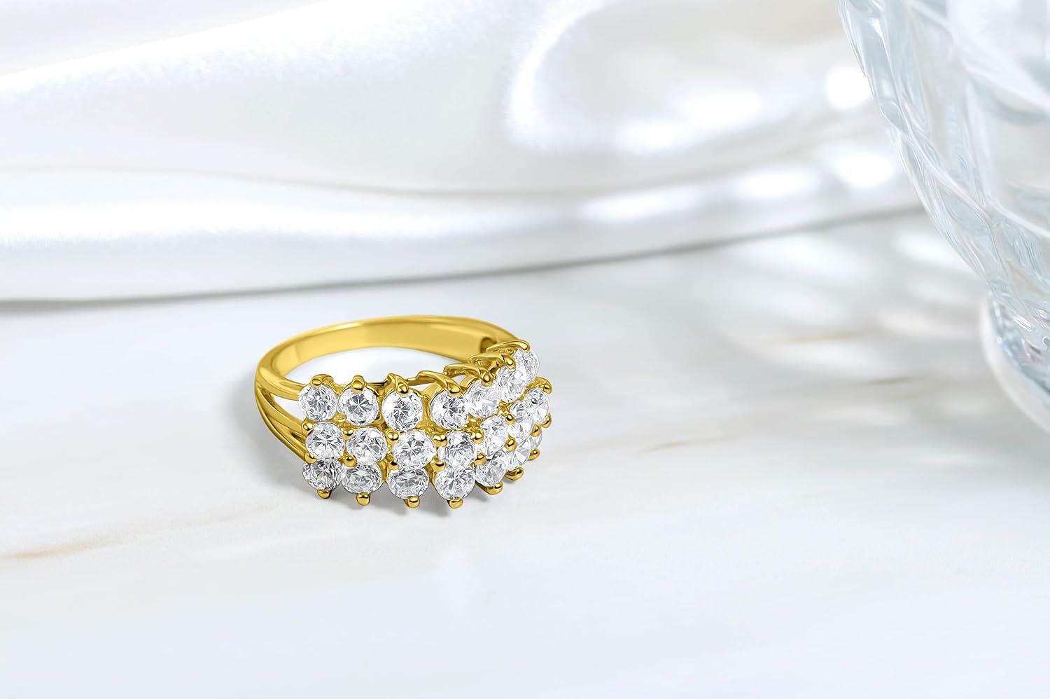 Hoops & Loops 925 Sterling Silver Cubic Zirconia Three Row Half Eternity Anniversary Fashion Statement Wedding Bridal Ring for Women, Silver, Yellow Gold, Rose Gold