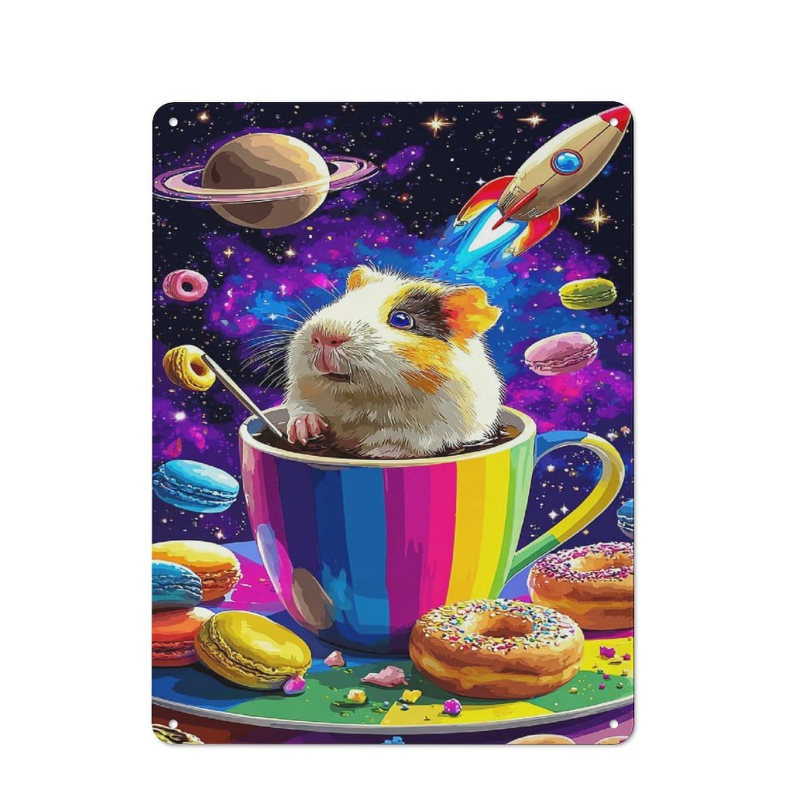 Junmoney Hamster In Rainbow Cup Cosmic Treats Modern Vintage Metal Desk Wall Sign 40X30cm, Office Wall Decor For Office, Study, Studio Or Hallway