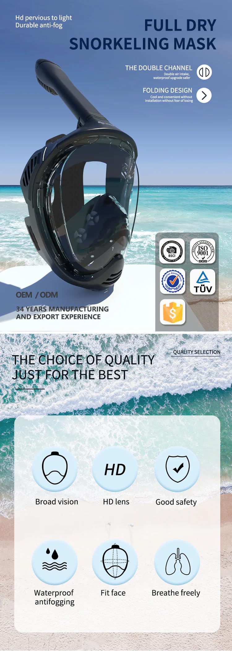 Maschera da snorkeling integrale con tubo da snorkeling asciutto, anti-appannamento, a prova di perdite, per immersioni subacquee, nuoto, per adulti e bambini
