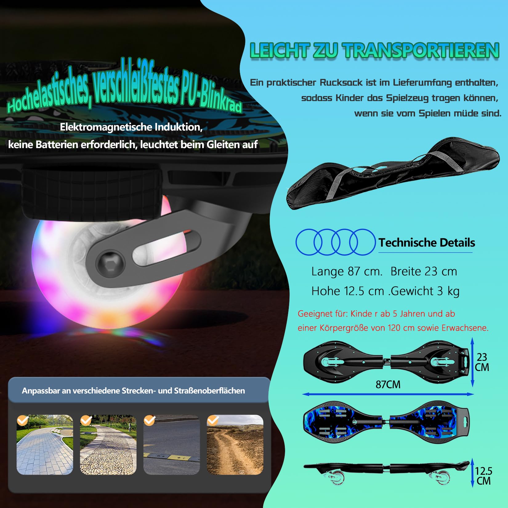 Waveboard für Kinder und Erwachsene - Snakeboard mit LED Leuchtrollen Bremssystem, bis 129kg, Alu-Rahmen, 360° Drehbar, inkl. Schutzset Tasche für Straße Skatepark