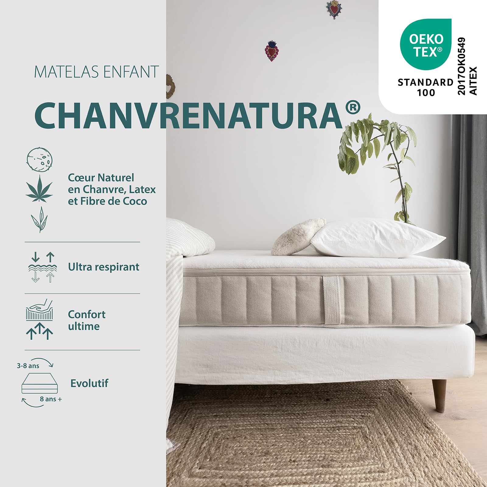 Kadolis - CHANVRENATURA 90x190x17 cm Colchón Infantil - Excepcional Colchón Individual - 100% Corazón Natural - Colchón de Látex con Funda Desenfundable - Certificado OEKOTEX
