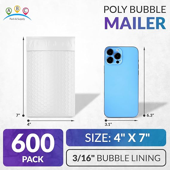 ABC PACK & SUPPLY Poly Bubble Mailers 4 x 7 Inch White, Peel and Seal Closure, Water Resistant, 3/16 Inch Bubble Lining, 600 Per Case