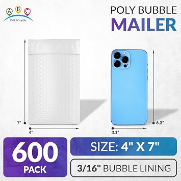 ABC PACK & SUPPLY Poly Bubble Mailers 4 x 7 Inch White, Peel and Seal Closure, Water Resistant, 3/16 Inch Bubble Lining, 600 Per Case