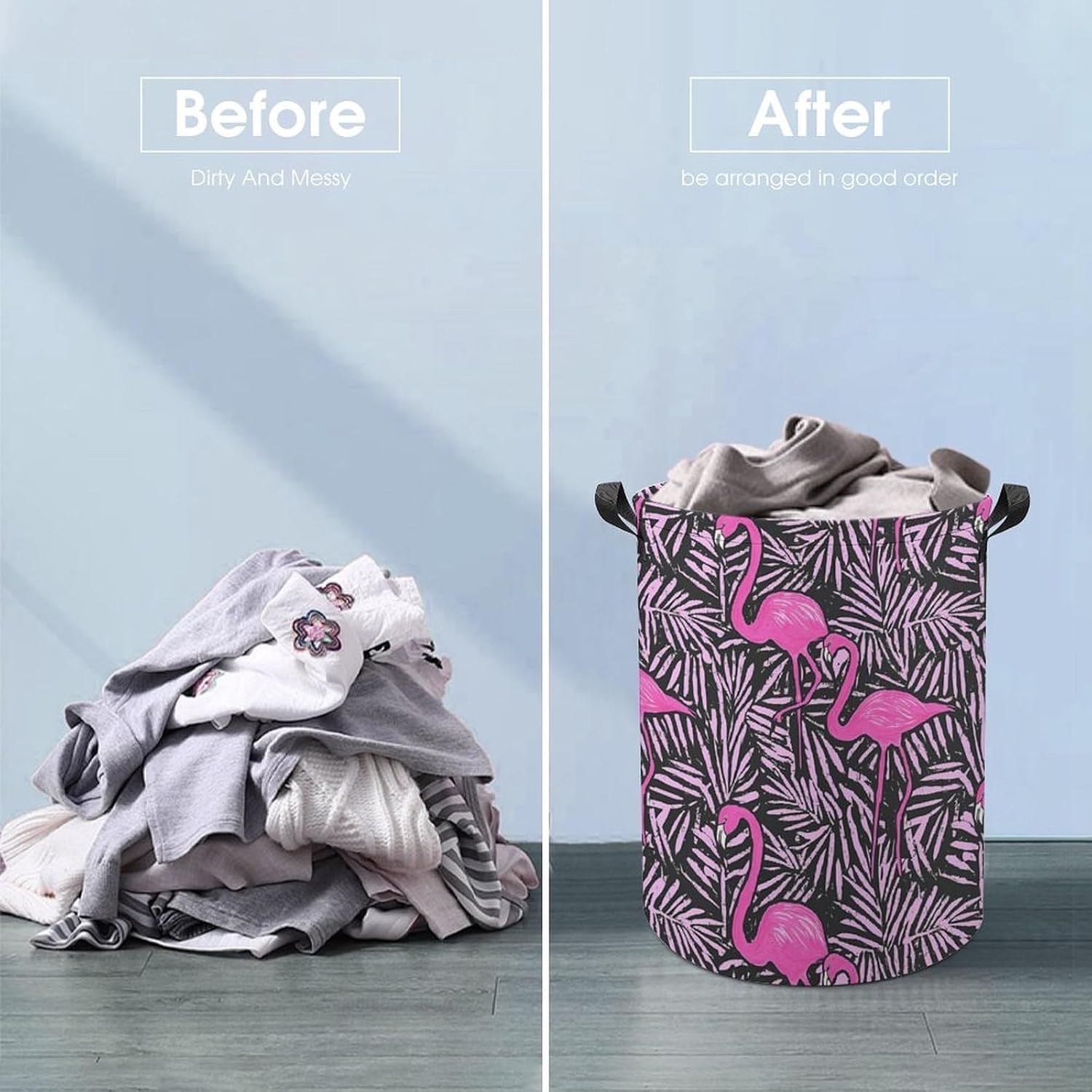 Flamingos Palms Leaves Art Laundry Hamper Basket for Home Bathroom | clothes storage,handle,large capacity,oxford