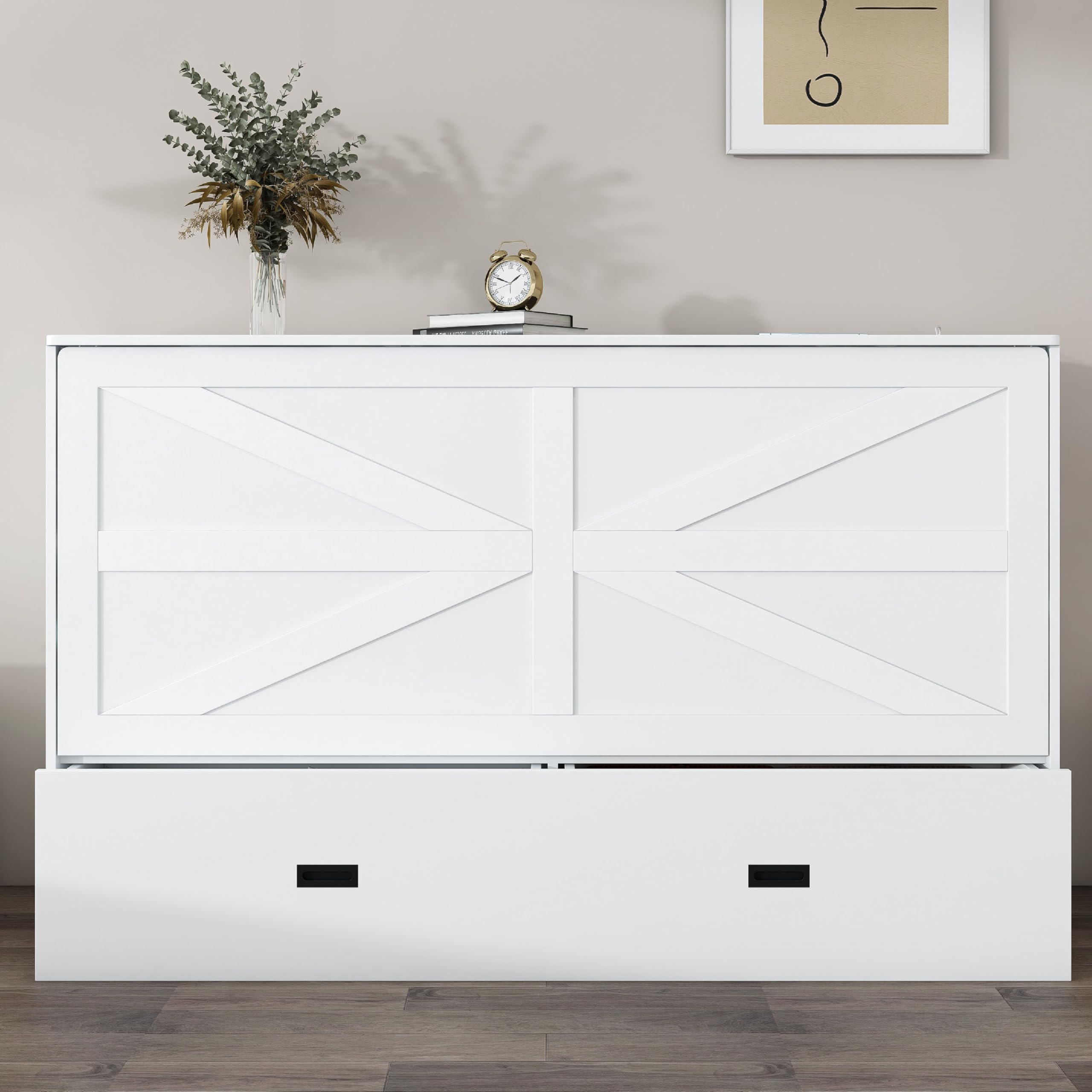 KEIKI Full Size Murphy Bed Chest, Folding Cabinet Wall Bed Frame with Mattress & Storage Drawers, Charging Port, Sapce Saving Hideaway Cabinets Beds Frames for Apartment Bedroom Guest Room, White